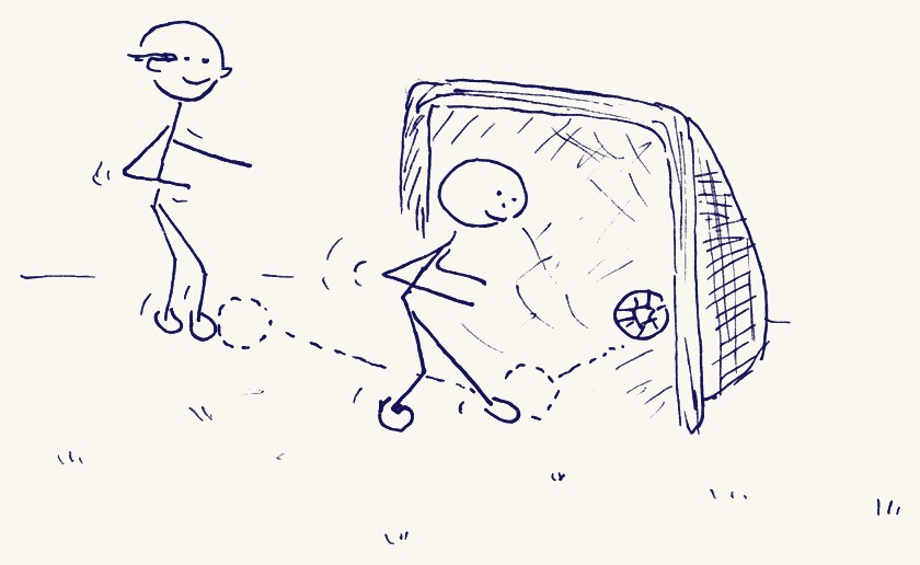 Strichzeichnung: Eine Figur spielt den Pass, die andere schiesst das Goal